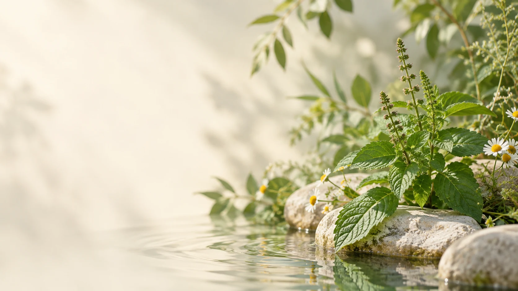 Fresh tulsi and chamomile beside calm water in soft morning light