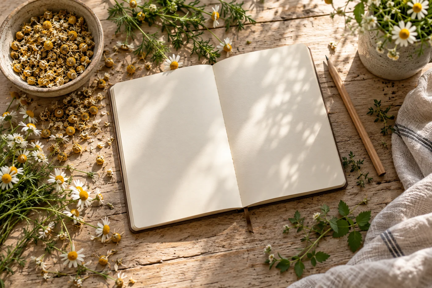 An open notebook with chamomile and fresh herbs on a sunlit desk