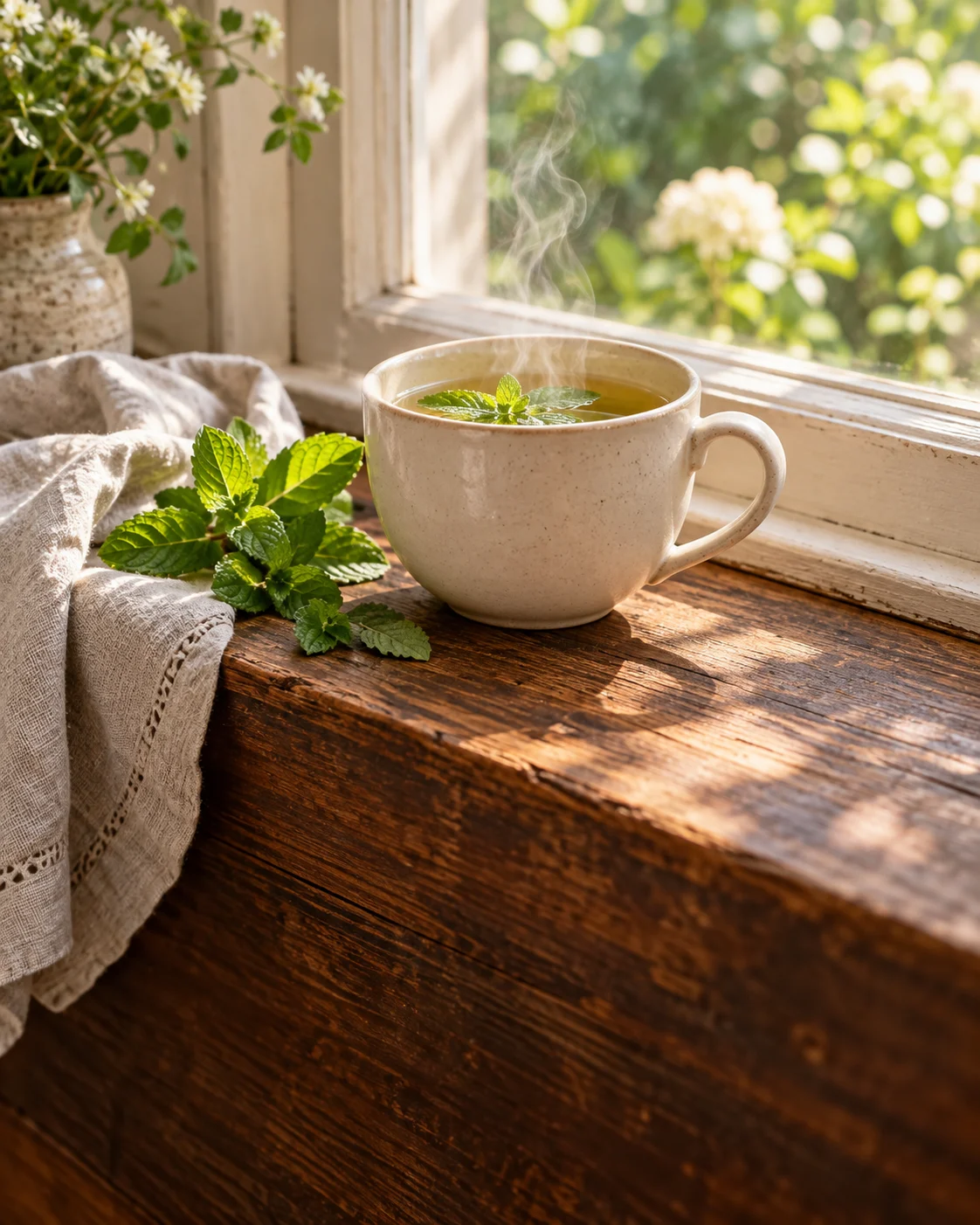 A warm herbal infusion by a sunlit garden window