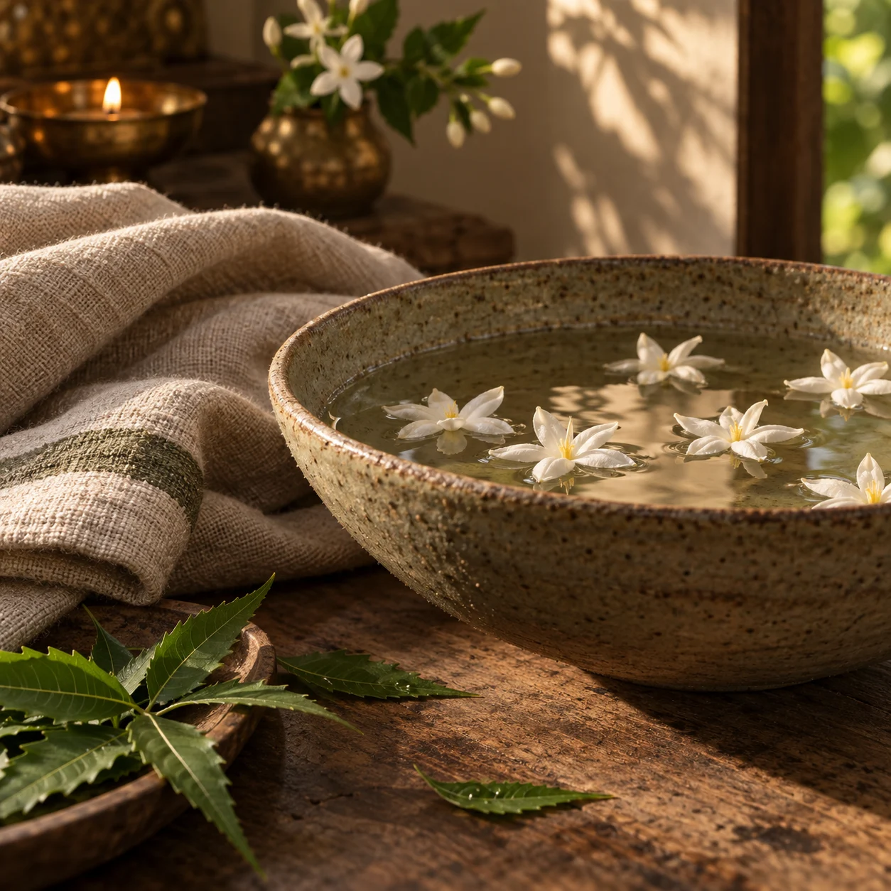 Jasmine flowers floating in a ceramic bowl beside fresh leaves and soft linen